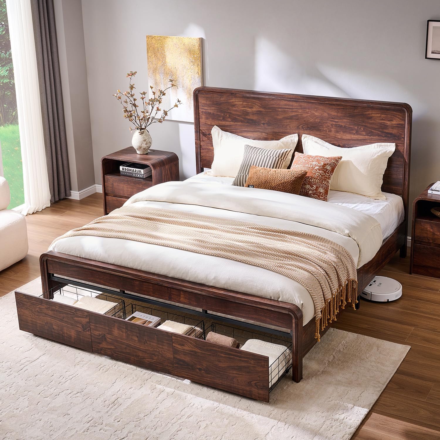 Aitjunz Modern King Size Bed Frame with 50' Tall Headboard, Wood King Size Platform Bed Frame w/3 Storage Drawers, Curved Profile Design, Wood & Steel Platform Bed, No Box Spring Needed, Dark Walnut