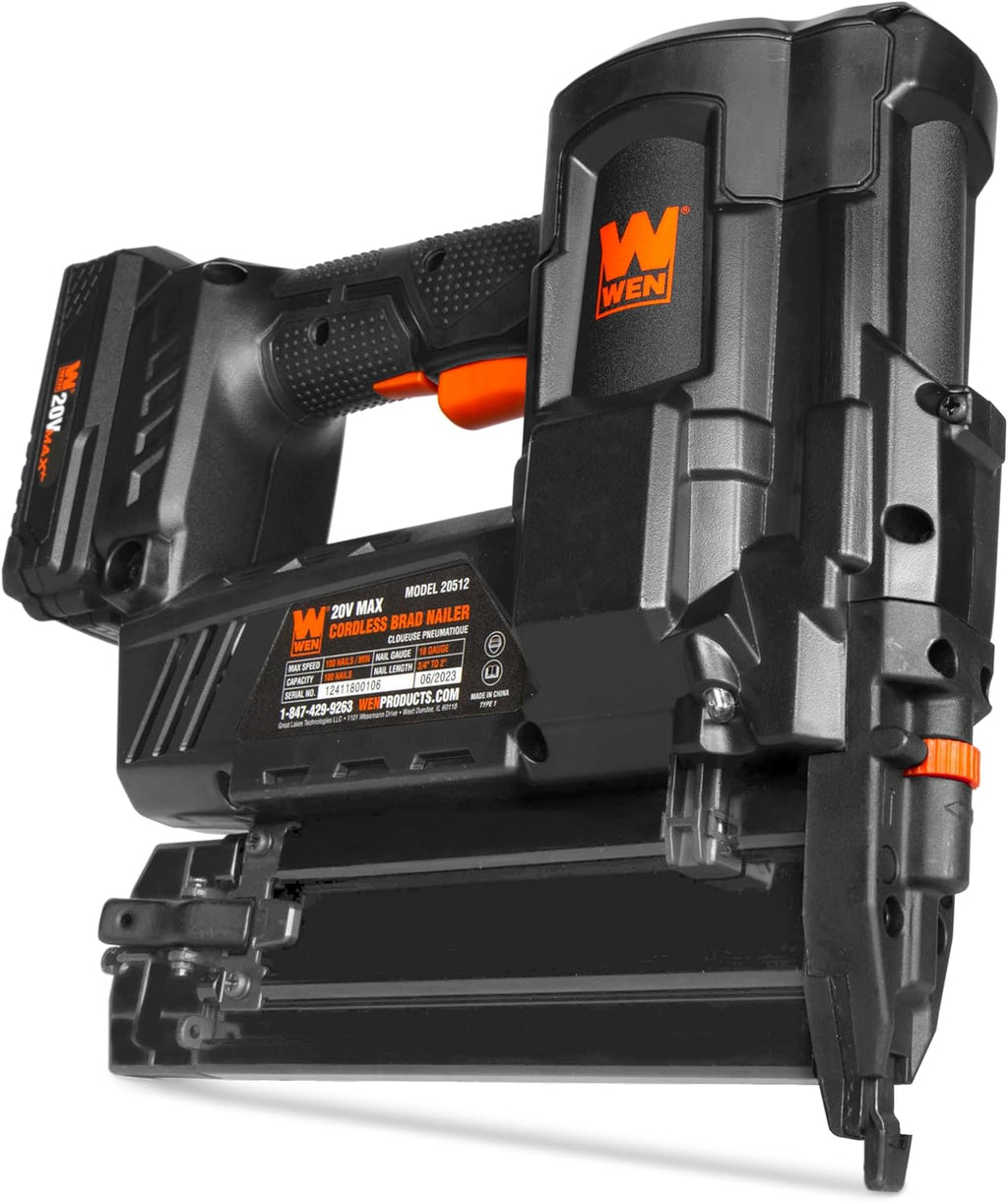 WEN 20V Max Cordless 18-Gauge Brad Nailer with 2.0Ah Battery and Charger (20512) & Arrow BN1832CS 18-Gauge Steel Brad Nails for Molding, Cabinets, Framing, Trim, and Finishing