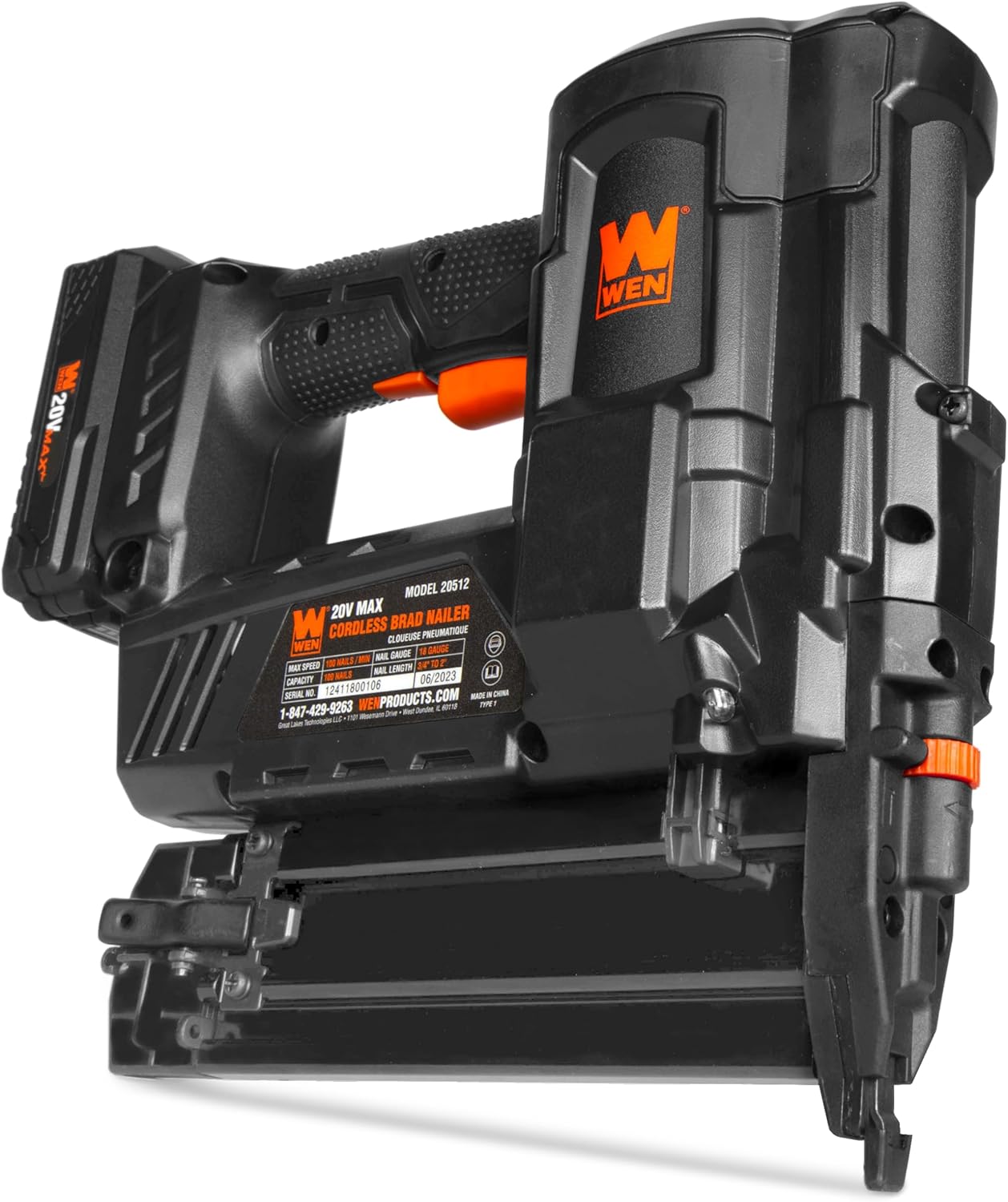 WEN 20V Max Cordless 18-Gauge Brad Nailer with 2.0Ah Battery and Charger (20512) & Arrow BN1832CS 18-Gauge Steel Brad Nails for Molding, Cabinets, Framing, Trim, and Finishing