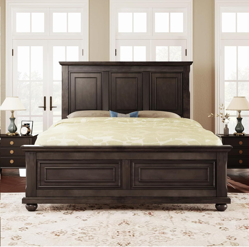 Merax Traditional Town Bed Frames and Country Style Pinewood Vintage King Bed, Rich Brown