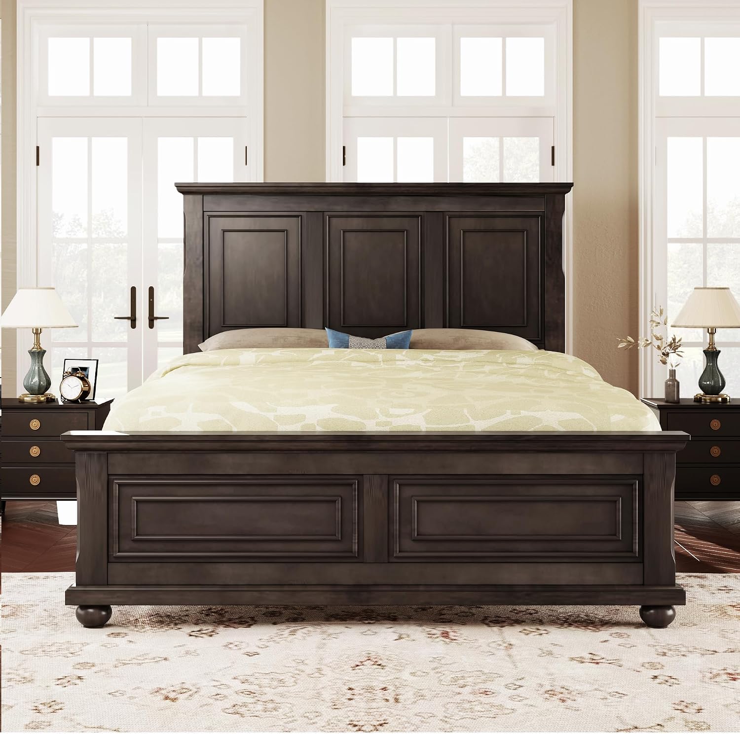 Merax Traditional Town Bed Frames and Country Style Pinewood Vintage King Bed, Rich Brown