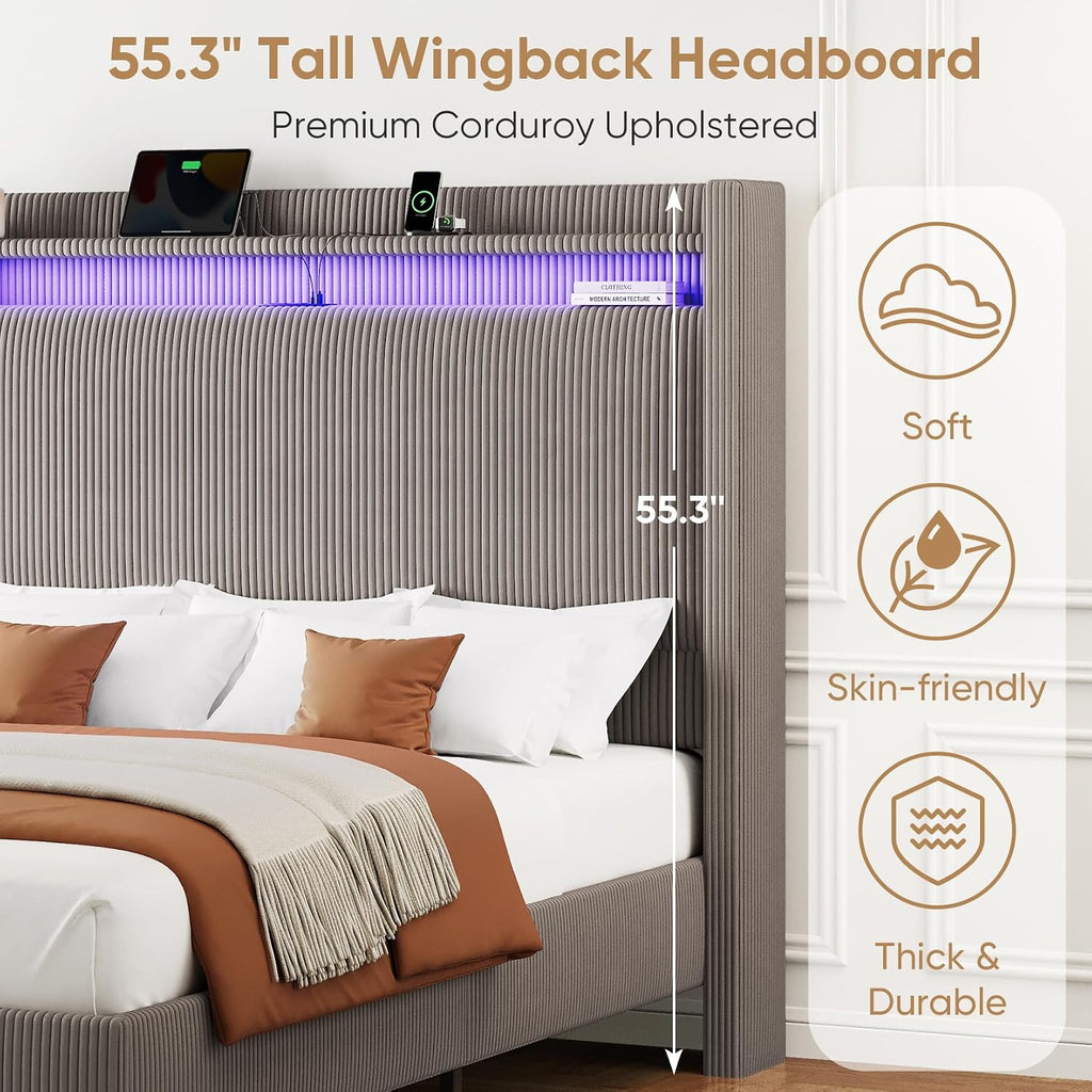 Queen Bed Frame with Tall Headboard, 55.3' Upholstered Platform Bed with LED Lights & Charging Station, Elegant Corduroy Bedframe, 2-tier Storage Wingback Headboard, No Box Spring Needed, Gray Brown