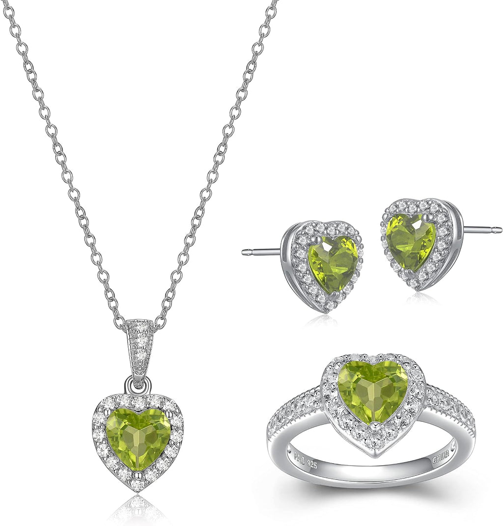 MORGAN & PAIGE .925 Sterling Silver Gemstones and White Sapphire Halo Heart Pendant Necklace, Ring and Stud Earrings for Women Set - Birthstone Jewelry Sets for Women, 18in Cable Chain, Size 7 Ring