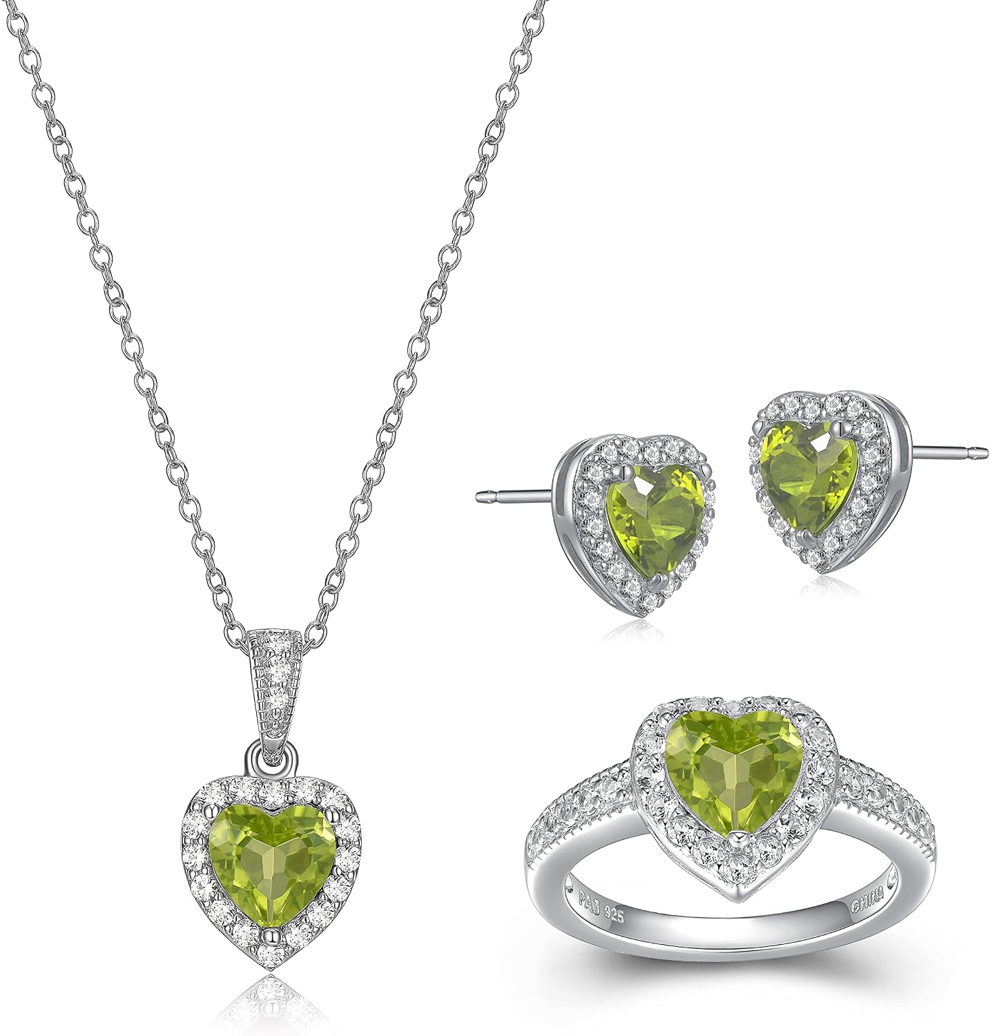 MORGAN & PAIGE .925 Sterling Silver Gemstones and White Sapphire Halo Heart Pendant Necklace, Ring and Stud Earrings for Women Set - Birthstone Jewelry Sets for Women, 18in Cable Chain, Size 7 Ring