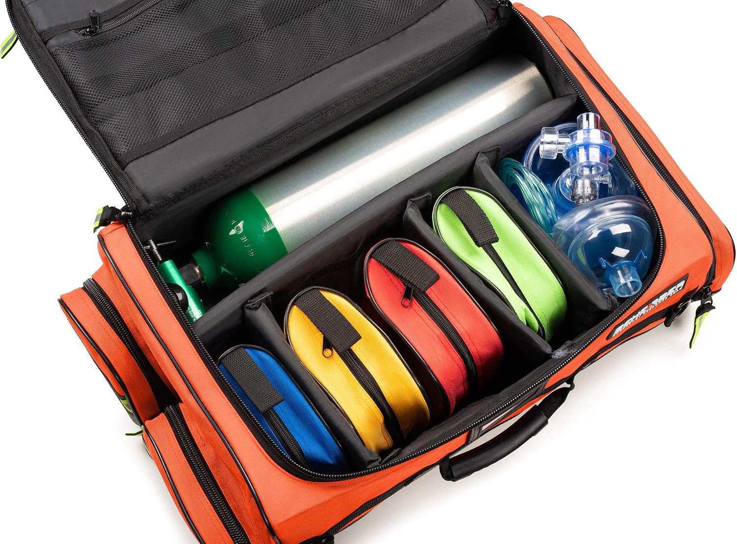 Scherber Fully Stocked First Responder Ultimate Professional EMT/EMS Trauma Kit | HSA/FSA Approved | w/10+ Compartments, Zippered Pockets, Dividers, Oxygen Access & 260+ First Aid Supplies (Orange)