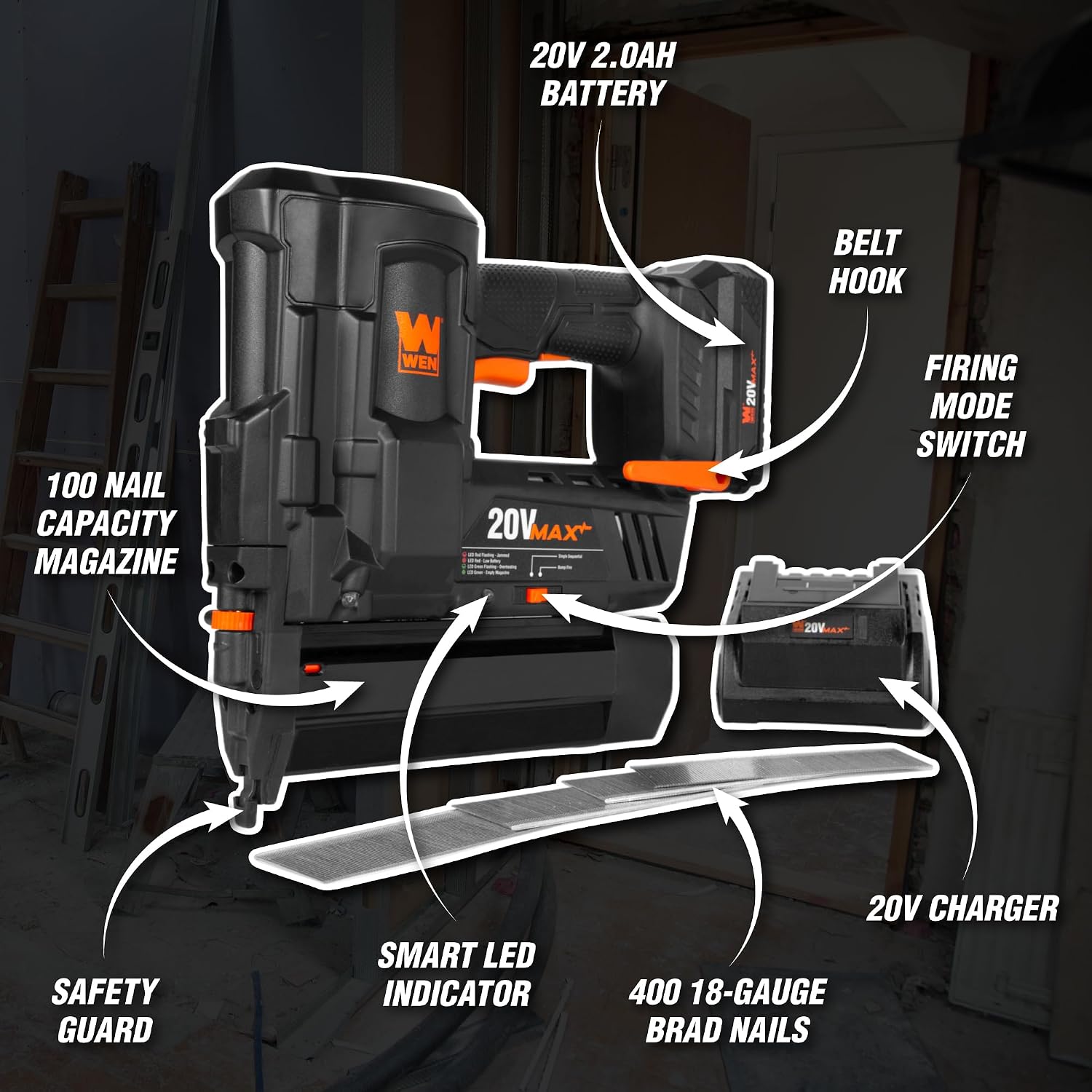 WEN 20V Max Cordless 18-Gauge Brad Nailer with 2.0Ah Battery and Charger (20512) & Arrow BN1832CS 18-Gauge Steel Brad Nails for Molding, Cabinets, Framing, Trim, and Finishing