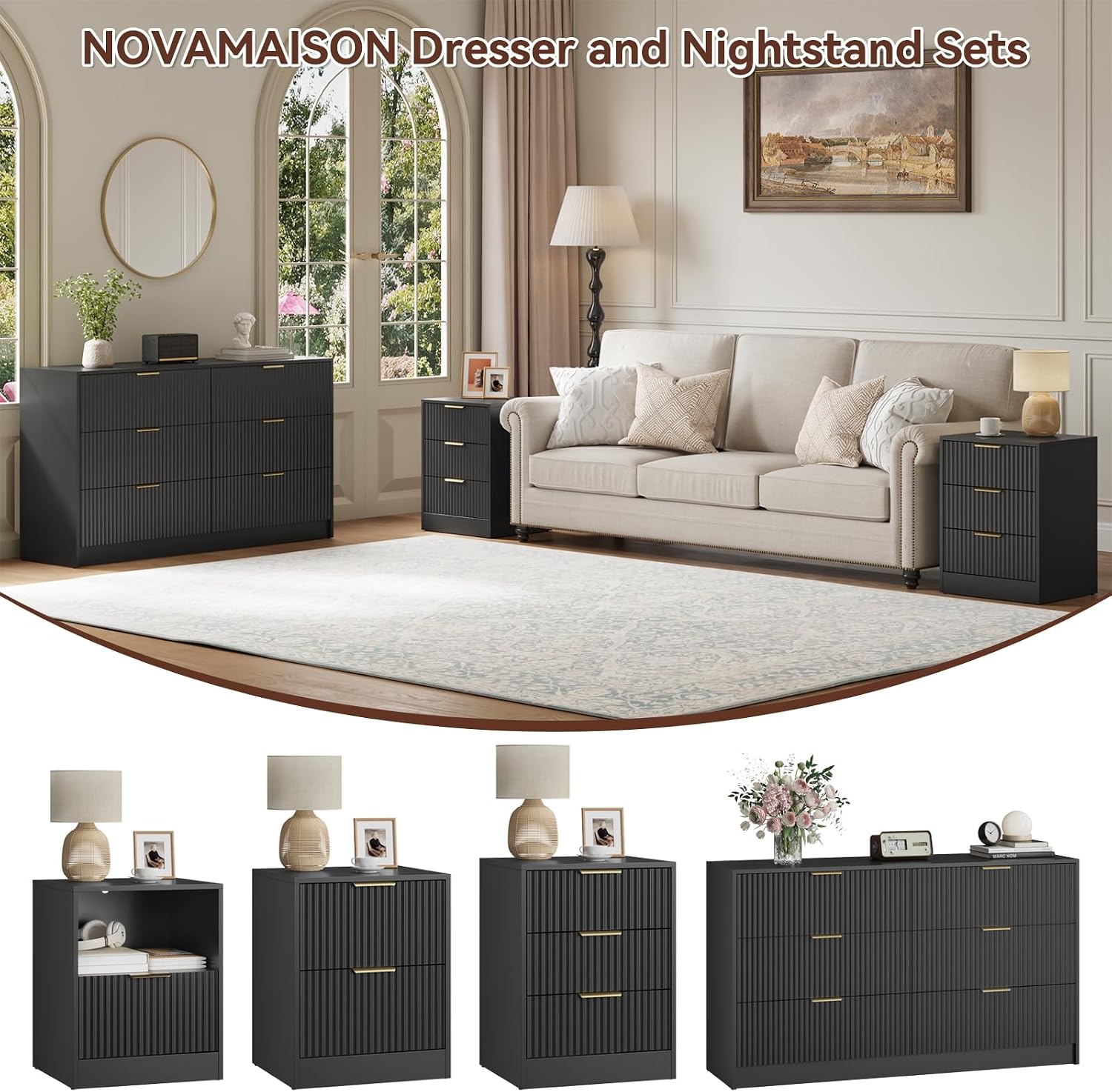 Black Fluted Dresser & Nightstand Set 3-Piece, Long 6 Drawer Dresser and Night Stand Set of 2 with Metal Handle, Fluted Modern Wood Chest of Drawers Storage Dressers Set for Bedroom, Black