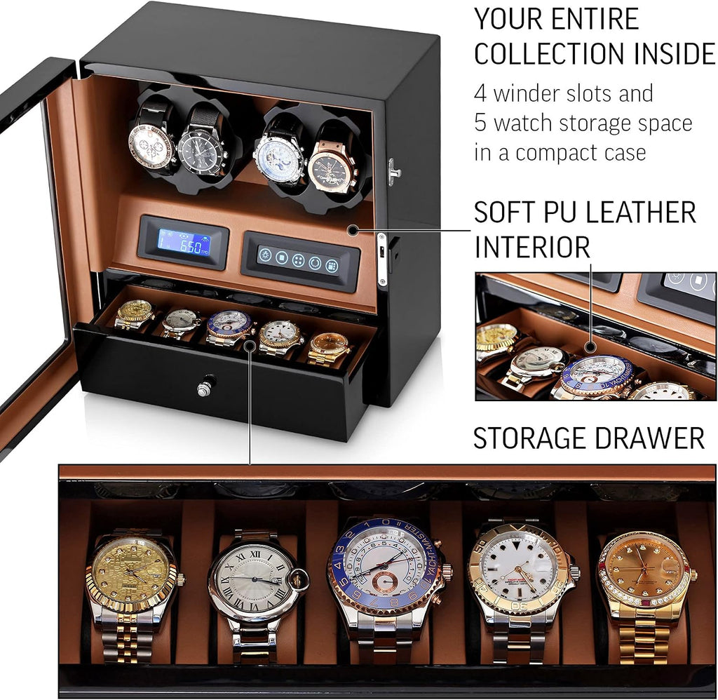 4 Watch Winder with 5 Watch Storage Space, LCD Display, Touch Control and Interior Light
