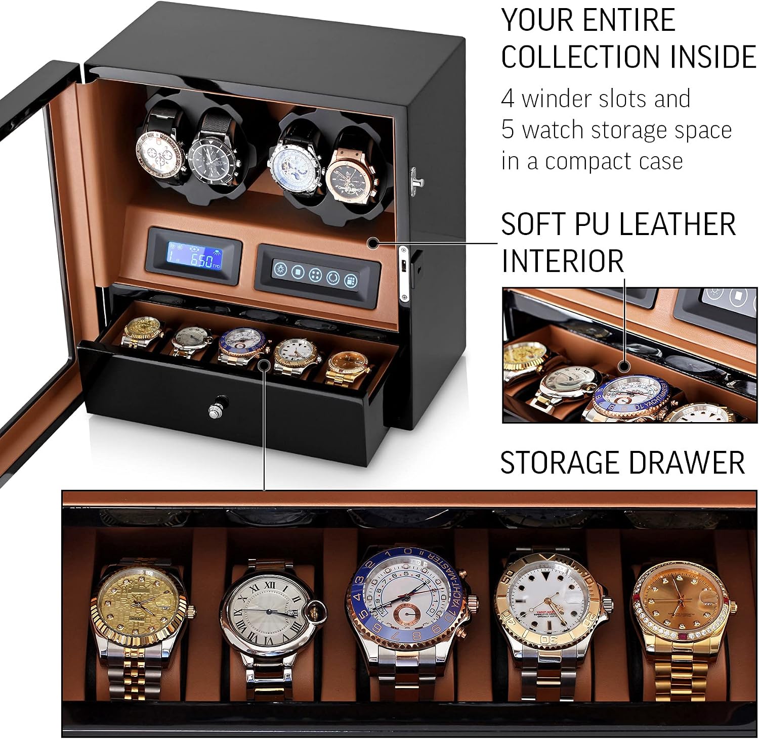 4 Watch Winder with 5 Watch Storage Space, LCD Display, Touch Control and Interior Light