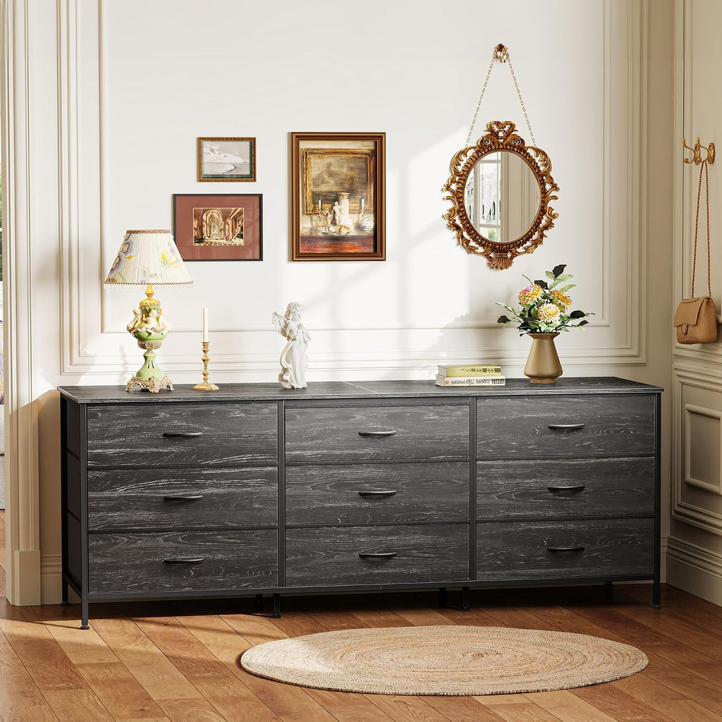 Huuger 63 Inch Dresser for Bedroom, Dresser for Closet with 9 Fabric Drawers, Large TV Stand for 55, 65, 70 Inch TV, Entertainment Center, Wide Long Chest of Drawers, Charcoal Black Wood Grain Print