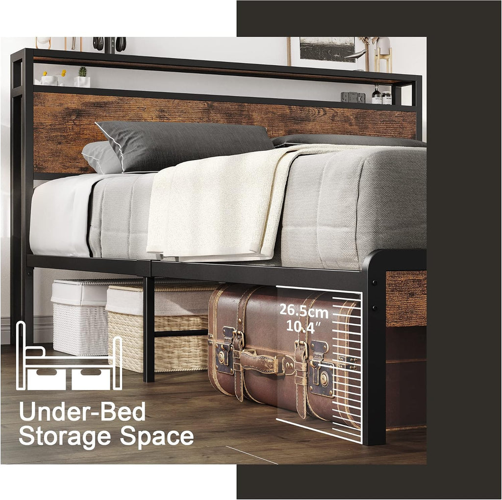 LIKIMIO Full Size Bed Frame, Platform Bed with 2-Tier Storage Headboard, Solid and Stable, Noise Free, No Box Spring Needed, Easy Assembly, Vintage Brown