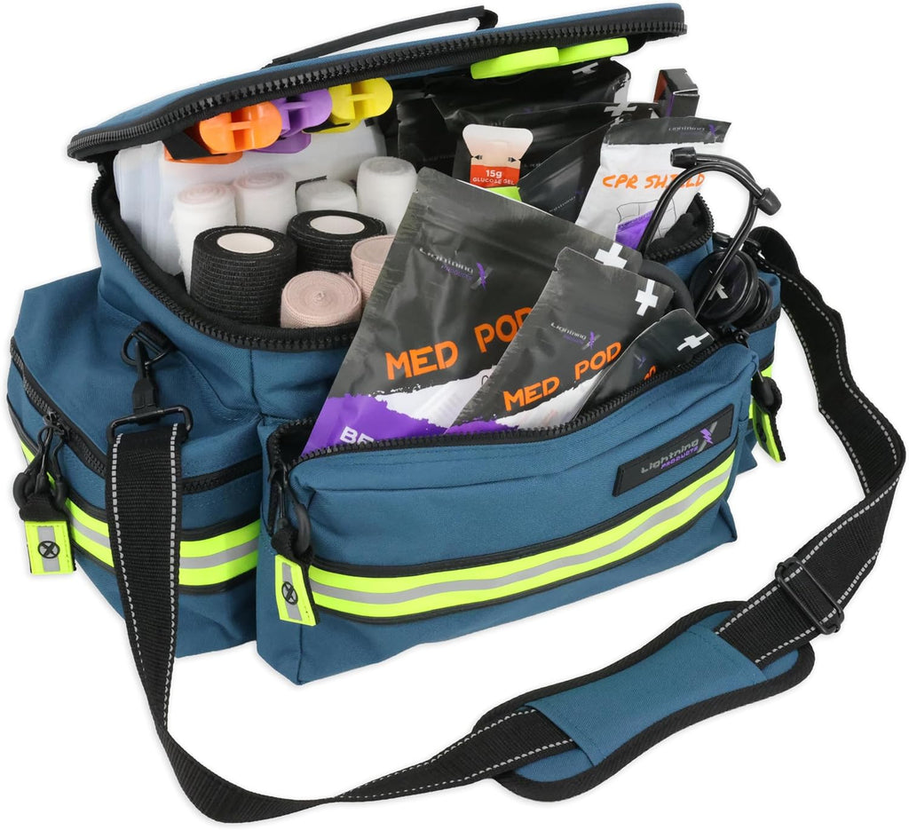 Lightning X Mid-Sized First Responder EMT Bag | LXMB25 | Fully Stocked w/ 248+ First Aid Supplies + Trauma Pak w/C.A.T. Tourniquet & QuikClot - Blue