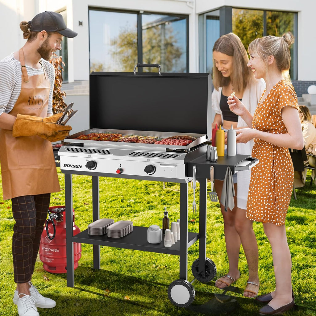ROVSUN 2-in-1 Propane Stove & 30'' Griddle Combo with Ignition, 2 Burner 150,000 BTU Gas Stove & Grill with Side Shelves, Rolling Wheel & Regulator for Home Outdoor Backyard Camping Cooking Grilling