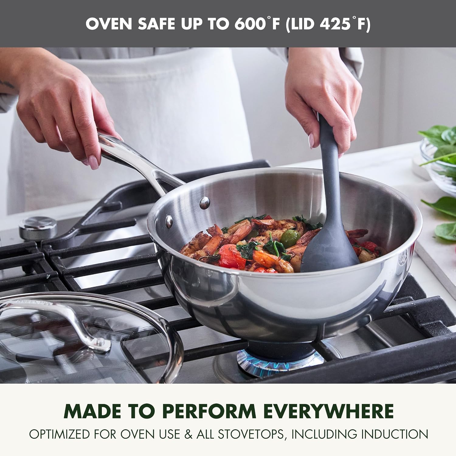 GreenPan Valencia Pro Tri-Ply Stainless Steel 3.6QT Chef's Pan with Lid, Induction Ready Cookware, All Cooktops, Sauce Pot, Mirror Finish, Dishwasher & Oven/Broiler Safe to 600F