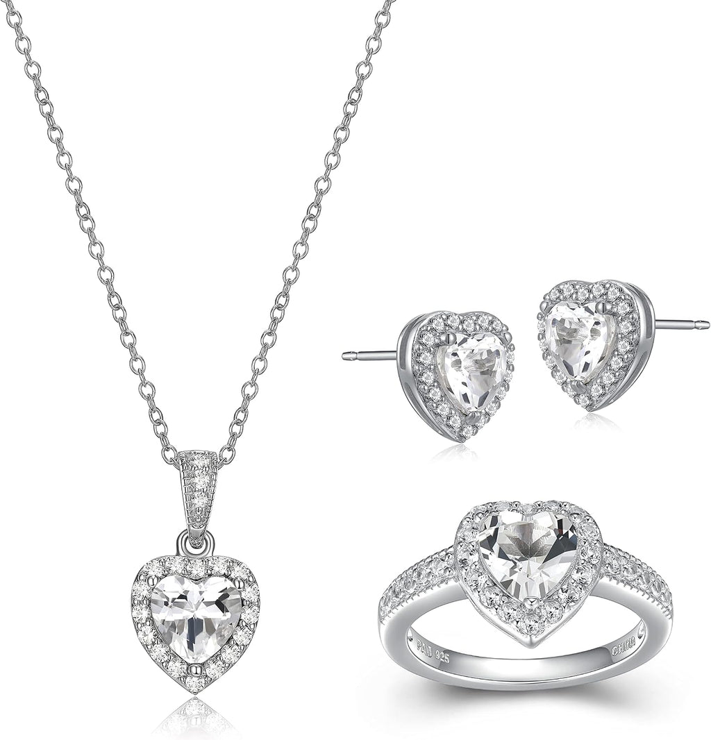 MORGAN & PAIGE .925 Sterling Silver Gemstones and White Sapphire Halo Heart Pendant Necklace, Ring and Stud Earrings for Women Set - Birthstone Jewelry Sets for Women, 18in Cable Chain, Size 7 Ring