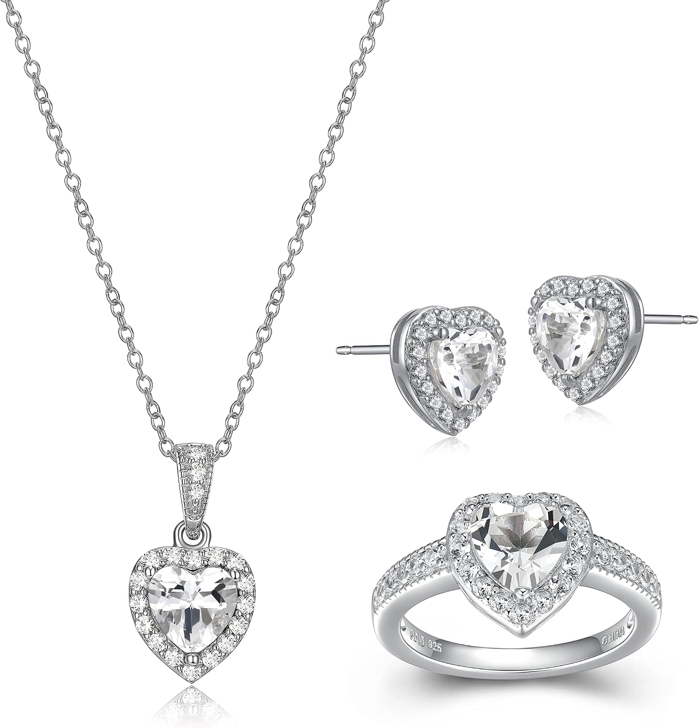 MORGAN & PAIGE .925 Sterling Silver Gemstones and White Sapphire Halo Heart Pendant Necklace, Ring and Stud Earrings for Women Set - Birthstone Jewelry Sets for Women, 18in Cable Chain, Size 7 Ring