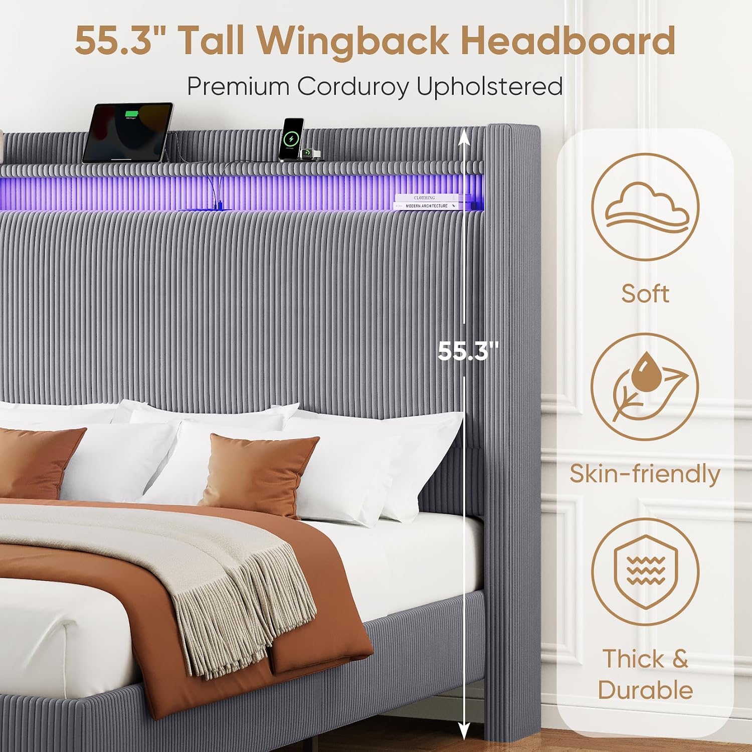 Queen Bed Frame with Tall Headboard, 55.3' Upholstered Platform Bed with LED Lights & Charging Station, Elegant Corduroy Bedframe, 2-tier Storage Wingback Headboard, No Box Spring Needed, Dark Grey