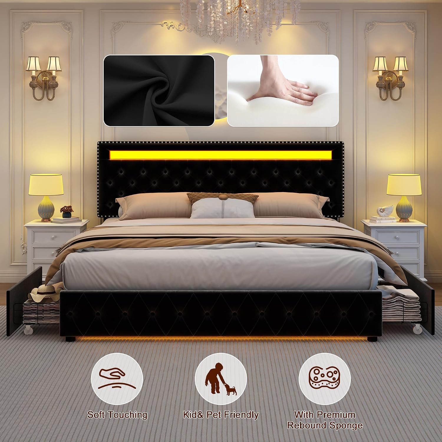 GEGOFORU Full Led Bed Frame with 4 Storage Drawers, with Smart Control RGBW LED Lights Headboard Footboard, Control DIY Color, Box Spring Optional, Black-Velvet