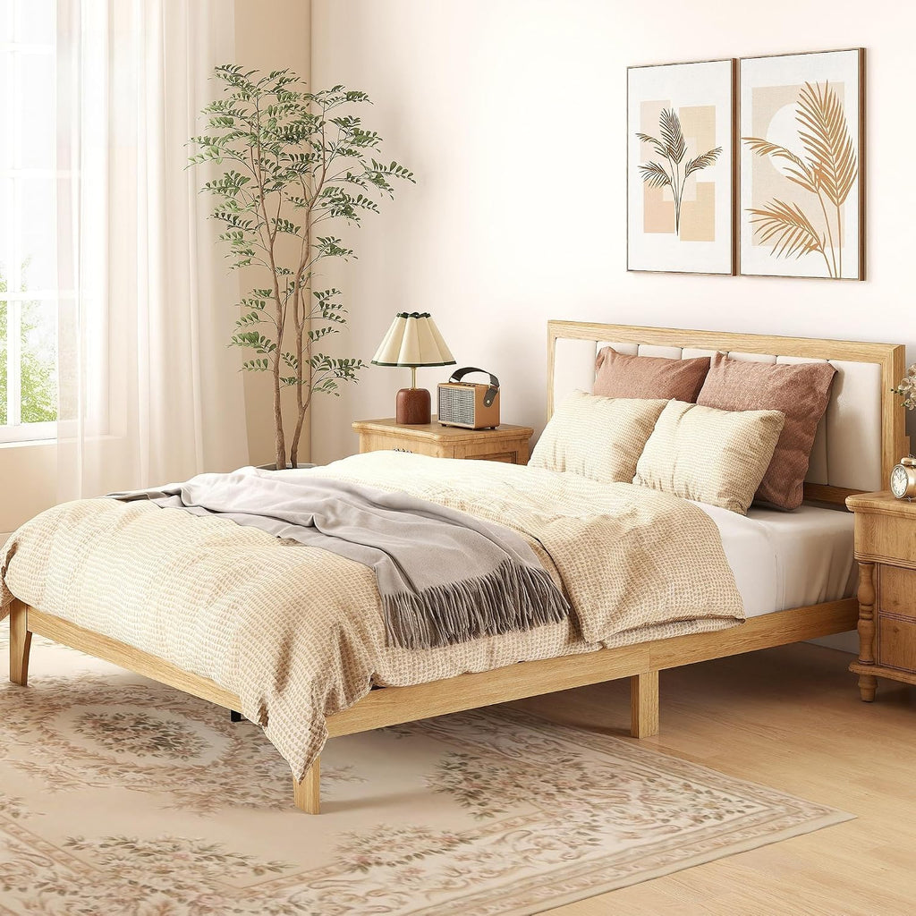 HOMCOM Queen Size Bed Frame with Upholstered Headboard, Platform Bed Frame with Wooden Slats, No Box Spring Needed, Easy Assembly, Natural