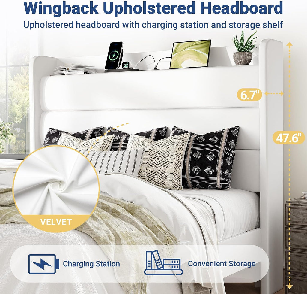 Allewie Full Size Upholstered Bed Frame with Charging Station & Storage Headboard, Soft Velvet Wingback Platform Bed, Strong Wooden Slats Support, No Box Spring Needed, Easy Assembly, White
