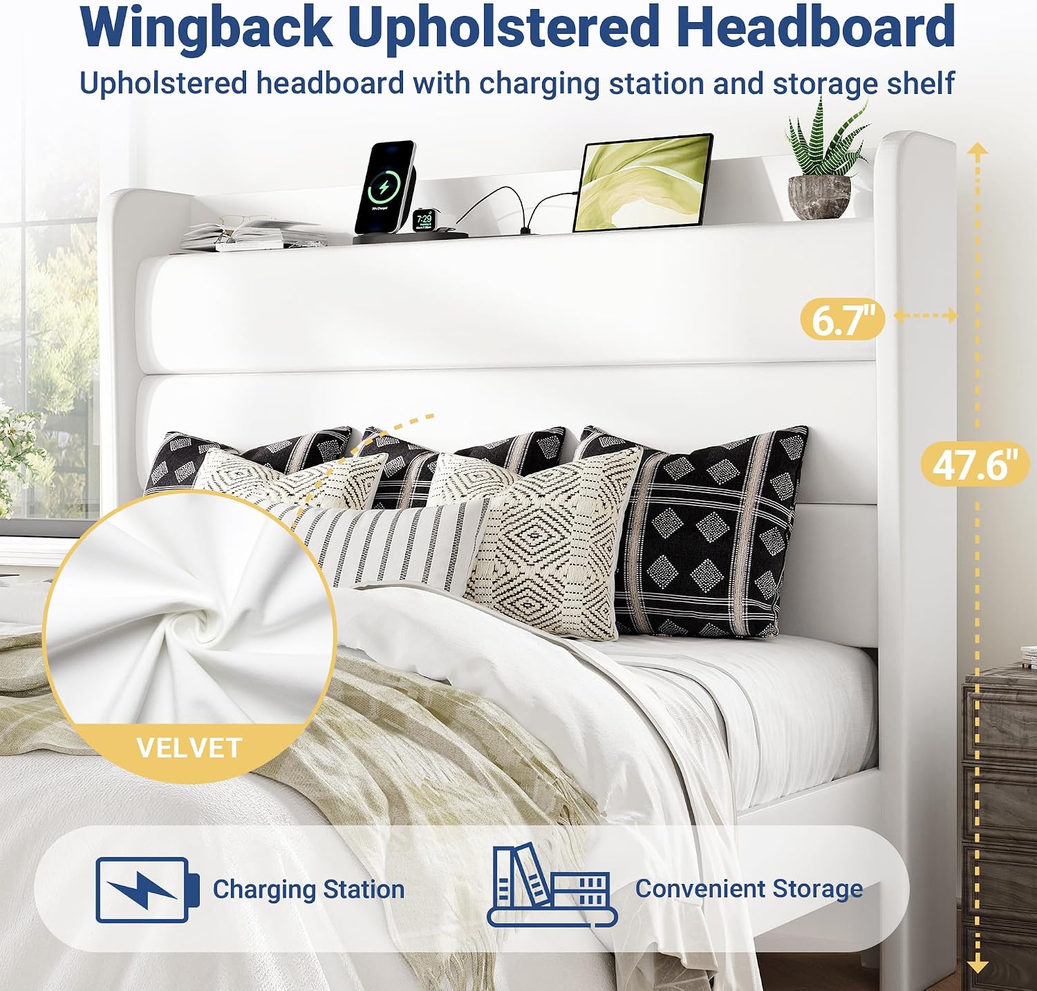 Allewie Queen Size Upholstered Bed Frame with Charging Station & Storage Headboard, Soft Velvet Wingback Platform Bed, Strong Wooden Slats Support, No Box Spring Needed, Easy Assembly, White