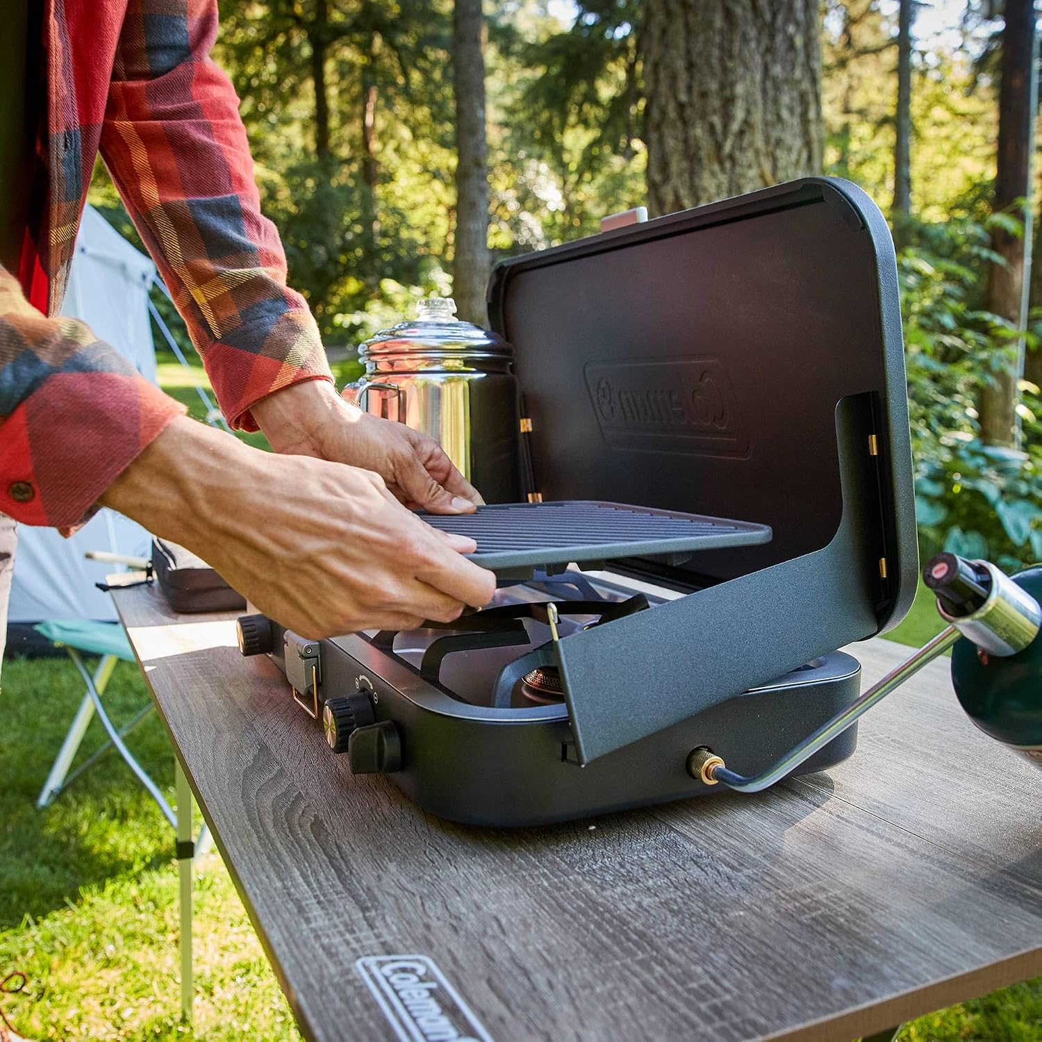 Coleman 1900 Collection 3-in-1 Propane Camping Stove, Cast Iron Grill & Griddle Accessories Included, 24,000 BTUs Across 2 Adjustable Burners with Wind Guards & Matchless Lighting