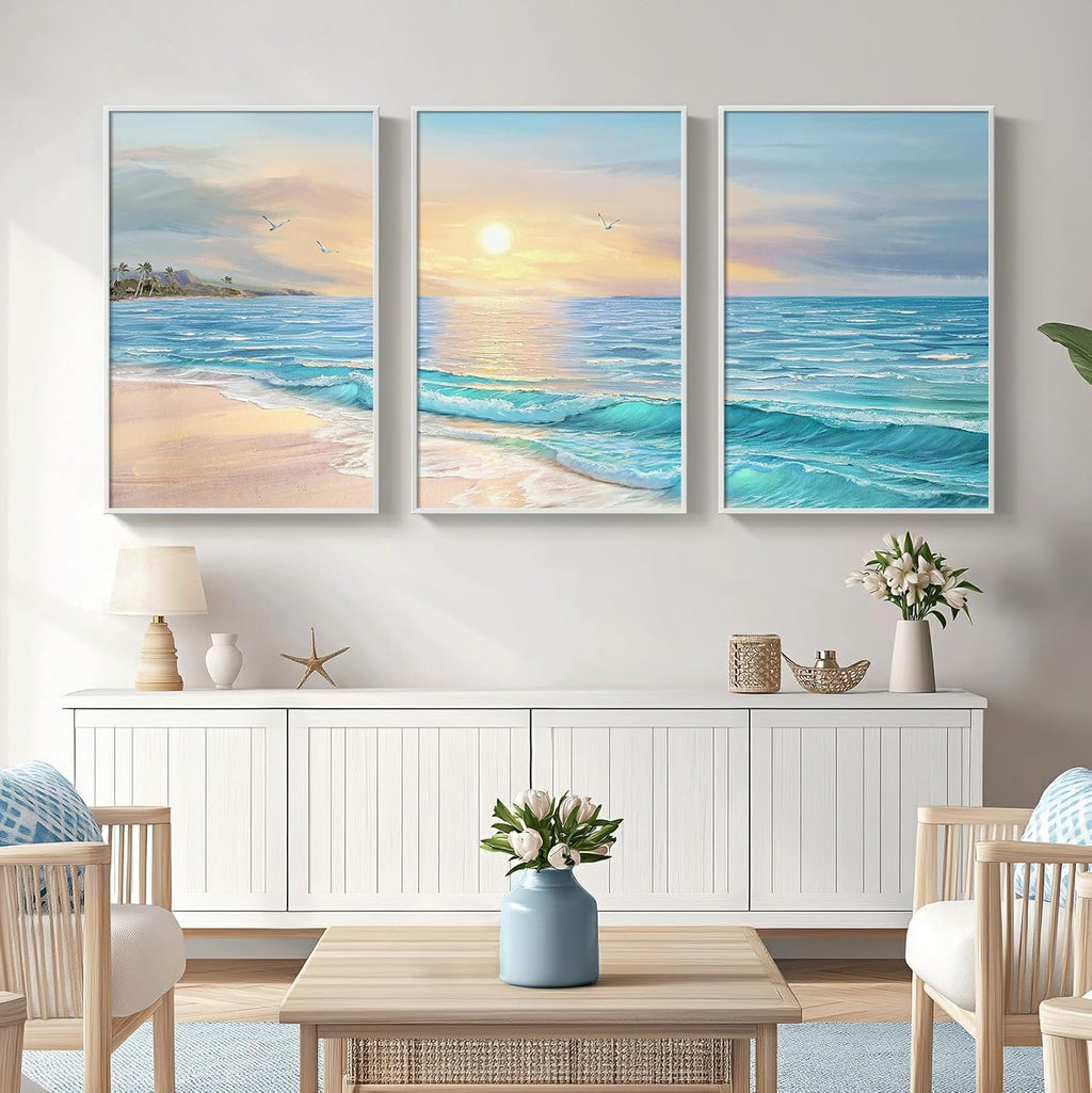 Framed Coastal Beach Wall Art for Living Room, Large 3 Piece Blue Ocean Canvas Artwork for Walls, Modern Beachy Sunrise Painting Prints for Dining Room Home Office Wall Decor, 24x36 Inch