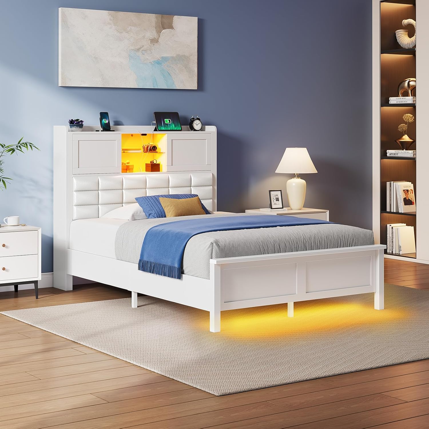 Rolanstar Bed Frame Twin Size with Charging Station, Bookcase Headboard Bed with LED Light and Sliding Doors, Platform Bed with Wooden Slats, No Box Spring Needed, Noise Free, White