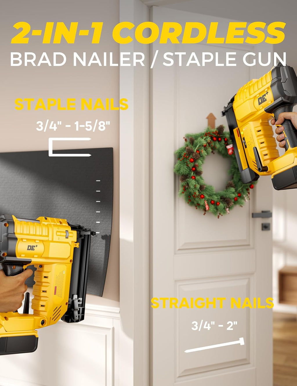 DeForce 18GA Cordless Brad Nailer, 2' Nail Gun for Dewalt 20V Max Battery, 2 IN 1 Electric Stapler, 2026 Upgraded Tool-Free Jam Release, 2 Modes, Adjustable Depth, 1000pcs Nails(No Battery), Yellow