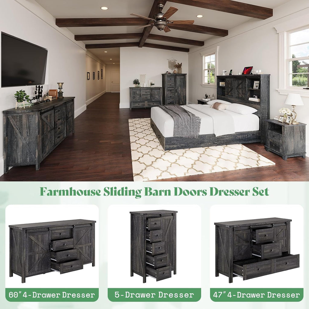 AMERLIFE 4-Piece Farmhouse Bedroom Set in Black Oak, Queen Size Bed Frame with Bookcase Headboard, 5-Drawer Tall Dresser, 47'' Dresser with 4 Drawers, 60' Dresser with 4 Drawers