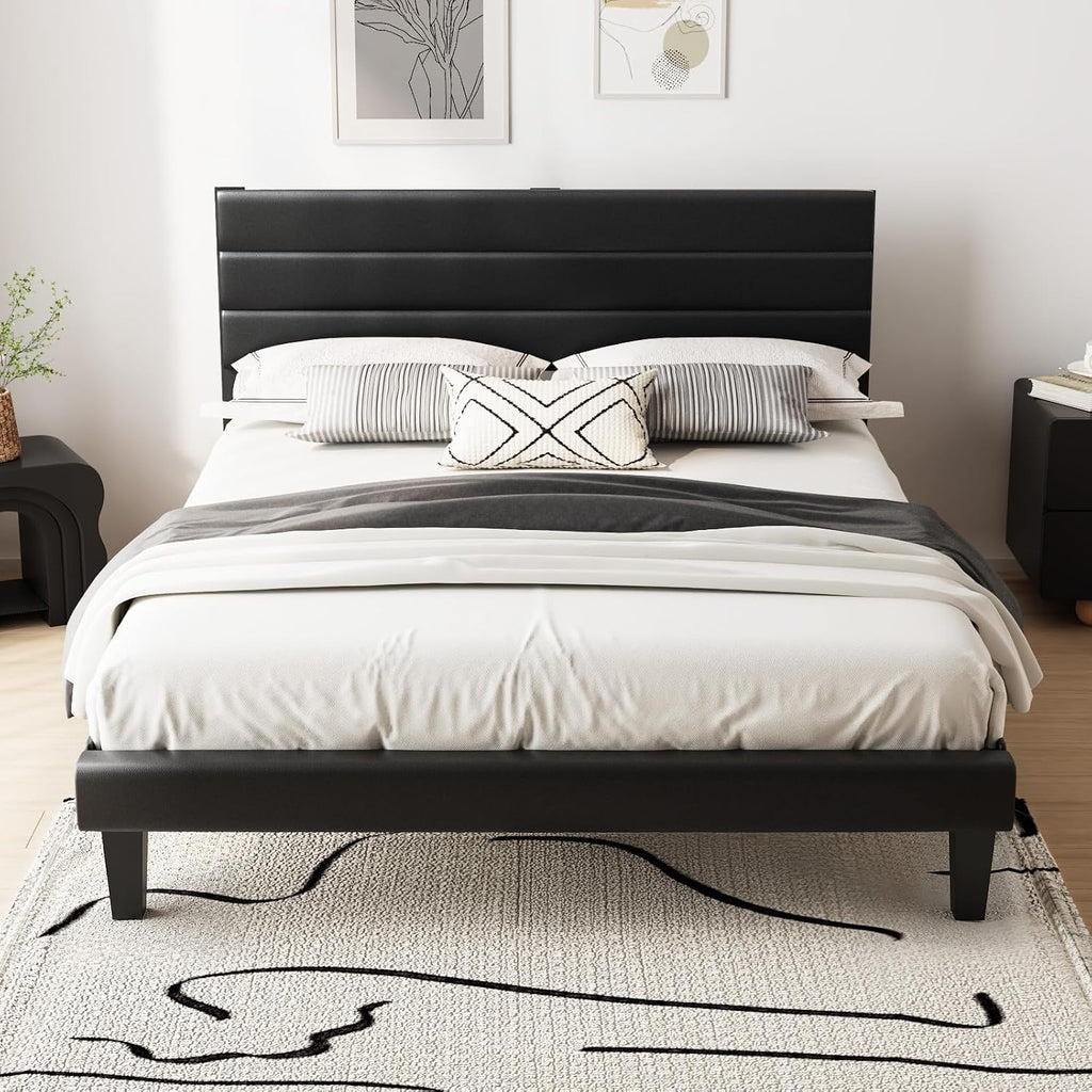 VINGLI Upholstered Bed Frame Queen, Faux Leather Platform Bed with Adjustable Headboard, Wood Mattress Foundation with Heavy Duty Slats Support,Luxury Modern,No Box Spring Needed, Black