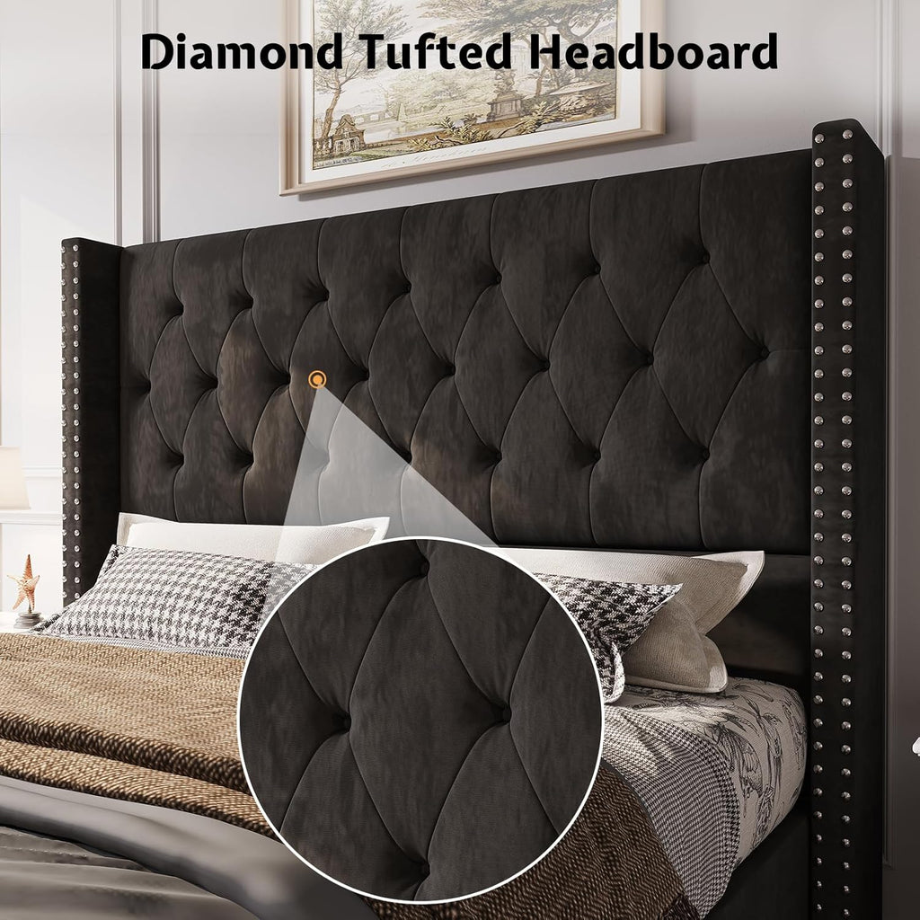 Jocisland Queen Bed Frame Upholstered Bed Wingback Headboard Velvet Tufted Diamond Button/No Box Spring Needed/Easy Assembly/Black