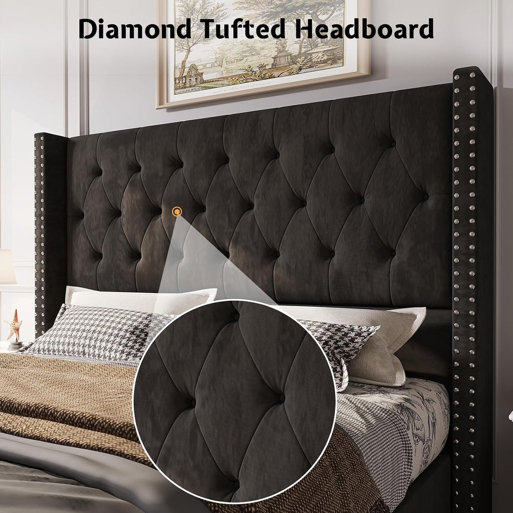 Jocisland Bed Frame King Size Velvet Tufted Upholstered Bed Low Profile Platform Bed Raised Wingback Headboard/Wood Slats Support/No Box Spring Needed/Easy Assembly/Black
