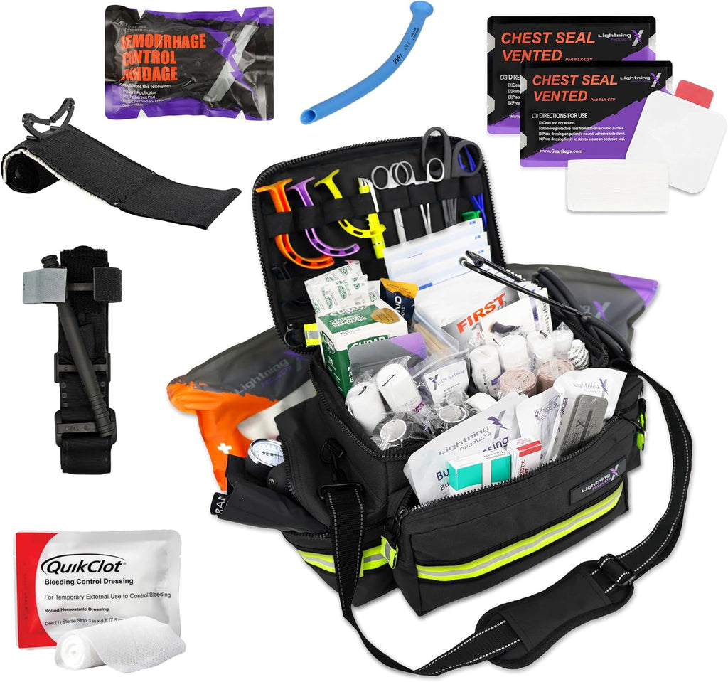 Lightning X Mid-Sized First Responder EMT Bag | LXMB25 | Fully Stocked w/ 248+ First Aid Supplies + Trauma Pak w/C.A.T. Tourniquet & QuikClot - Black
