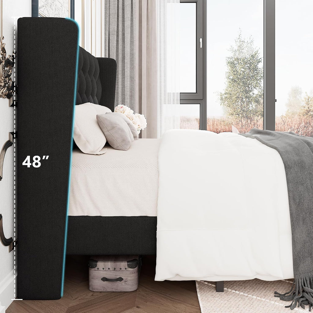 GalnFu King Size Bed Frame with Button Tufted Headboard, Upholstered Platform Bed Frame with UnderBed Storage, Wooden Slats Supports, Noise Free, No Box Spring Needed, Easy Assembly, Black
