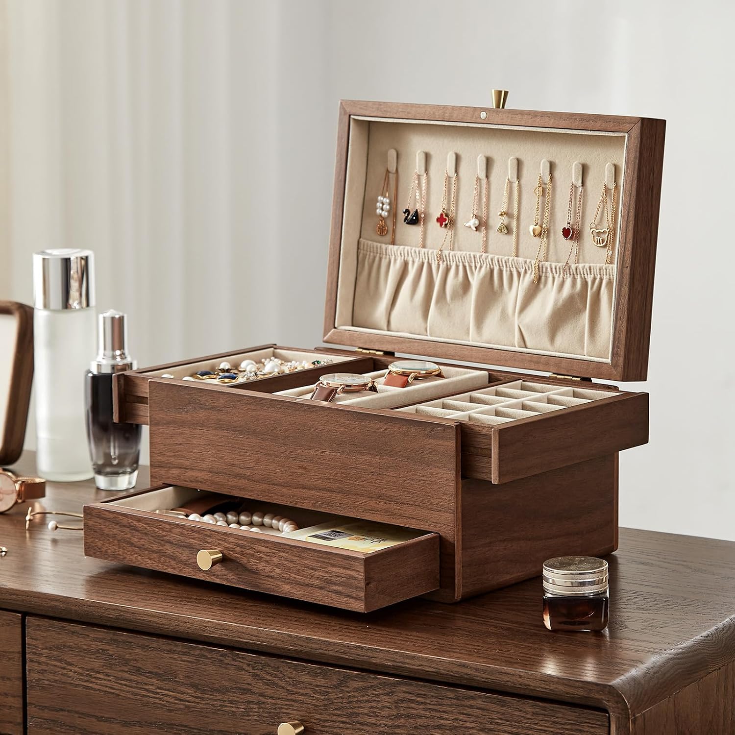 Wooden Jewelry Box for Women, 3 Level Multi-functional Drawers Black Walnut Jewelry Organizer Box, Watch, Necklace, Ring, Earring Storage - Mothers Day Gifts for Mom (No Mirror)