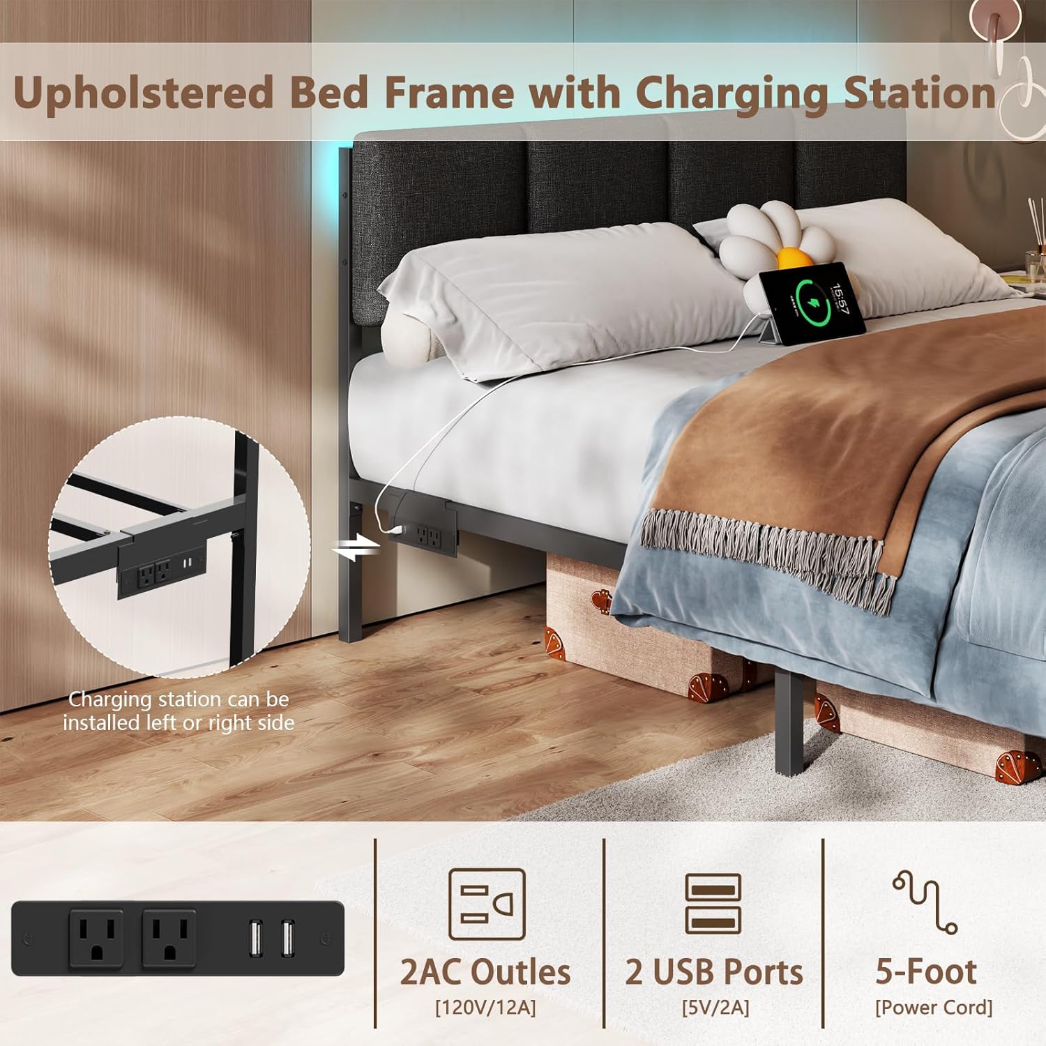 Furnulem Queen Bed Frame with Adjustable Headboard, Upholstered Bed with 2 Storage Drawers, Built-in USB Charging Station & LED Lights, Platform Bedframe with Metal Slats, No Spring Box Needed, Grey