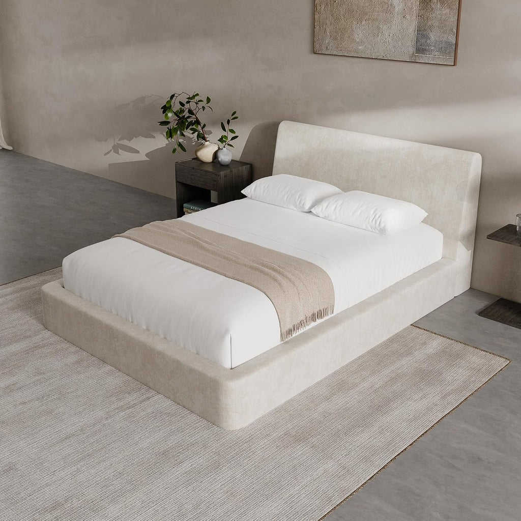 RECCI AirFrame Full Size Bed Frame with Ergonomic Angled Foam Cushioned Headboard, Minimalist Design Platform Bed Frame, No Box Spring Needed, Easy Assembly (Beige Chenille)
