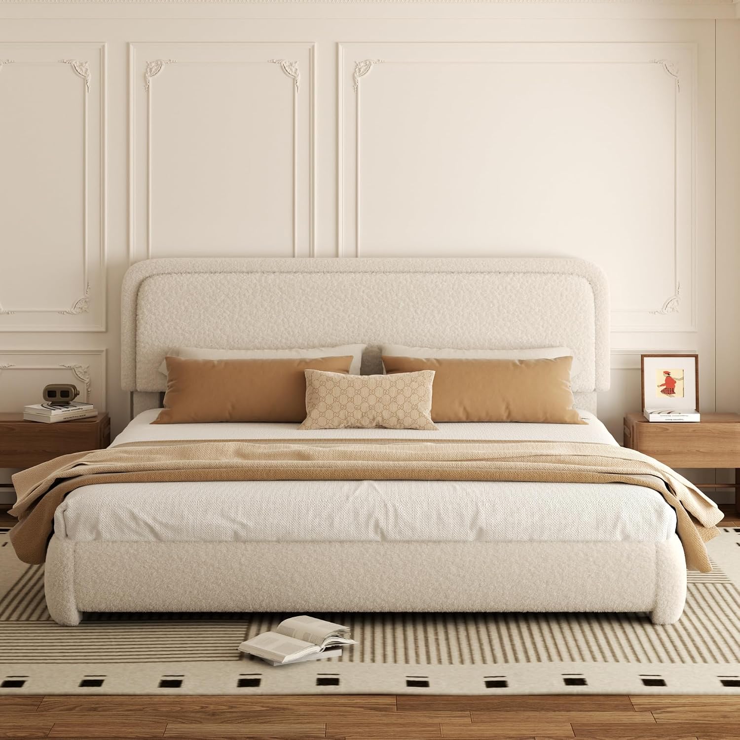 King Bed Frame, Teddy Velvet Boucle Bed Frame with 43.3'/45.3' Adjustable Upholstered Headboard, Rounded Corners, Mattress Foundation, No Box Spring Required, Beige