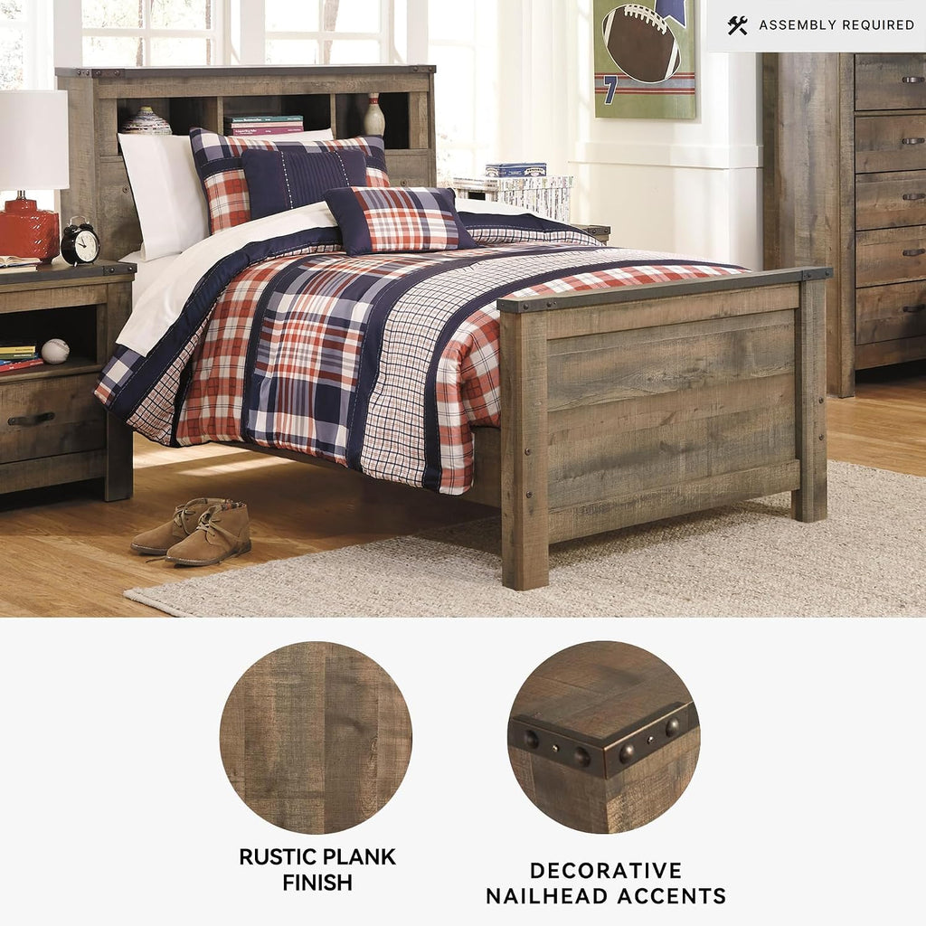 Signature Design by Ashley Trinell Casual Twin Bookcase Panel Bed with Metal Slats and Nailheads, Foundation or Box Spring Needed, Dark Brown
