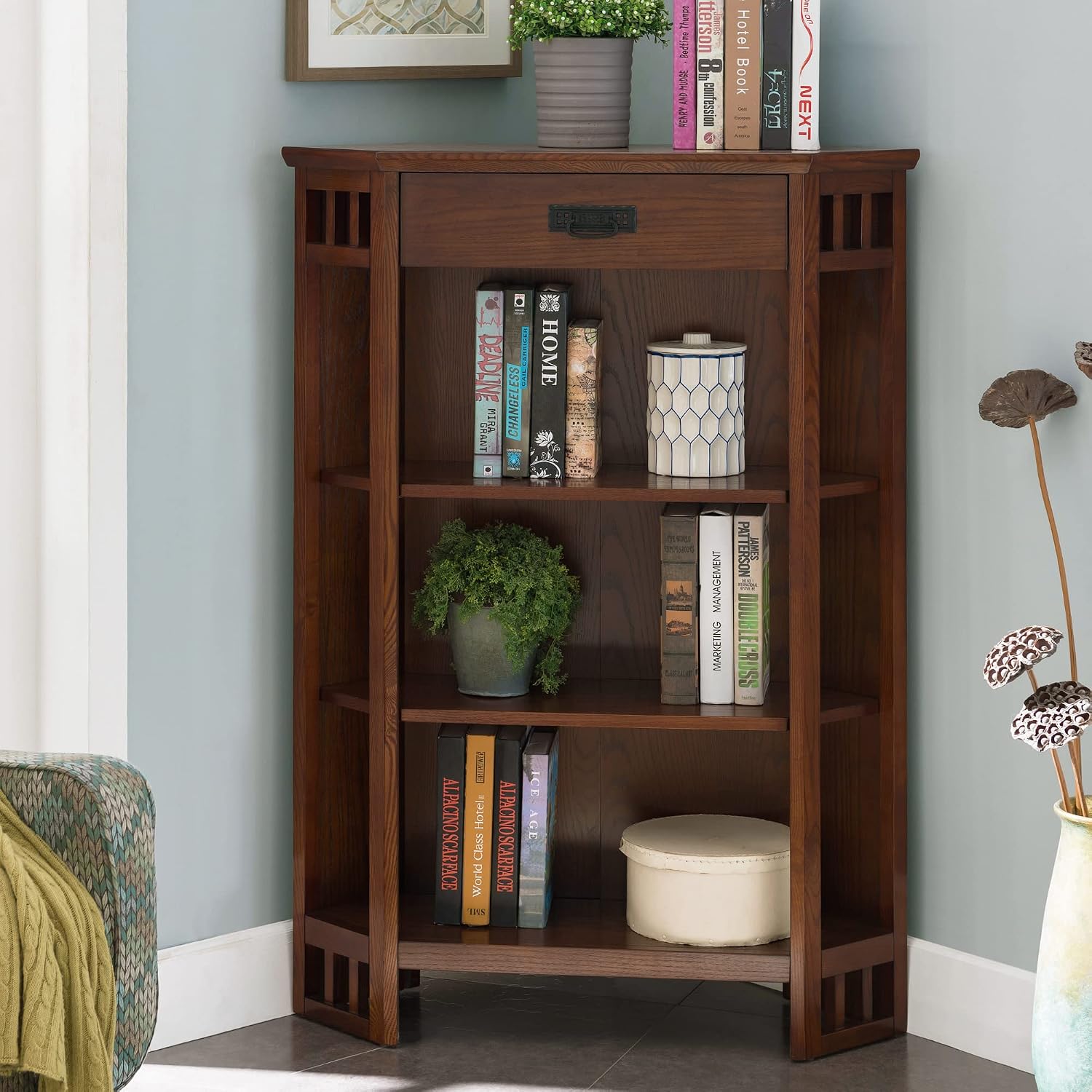 Leick Home 82263 Mission Mantel Height Corner Bookcase with Drawer Storage, Made with Solid Wood, for Entryway, Living Rooms, Home Office, Mission Oak Finish