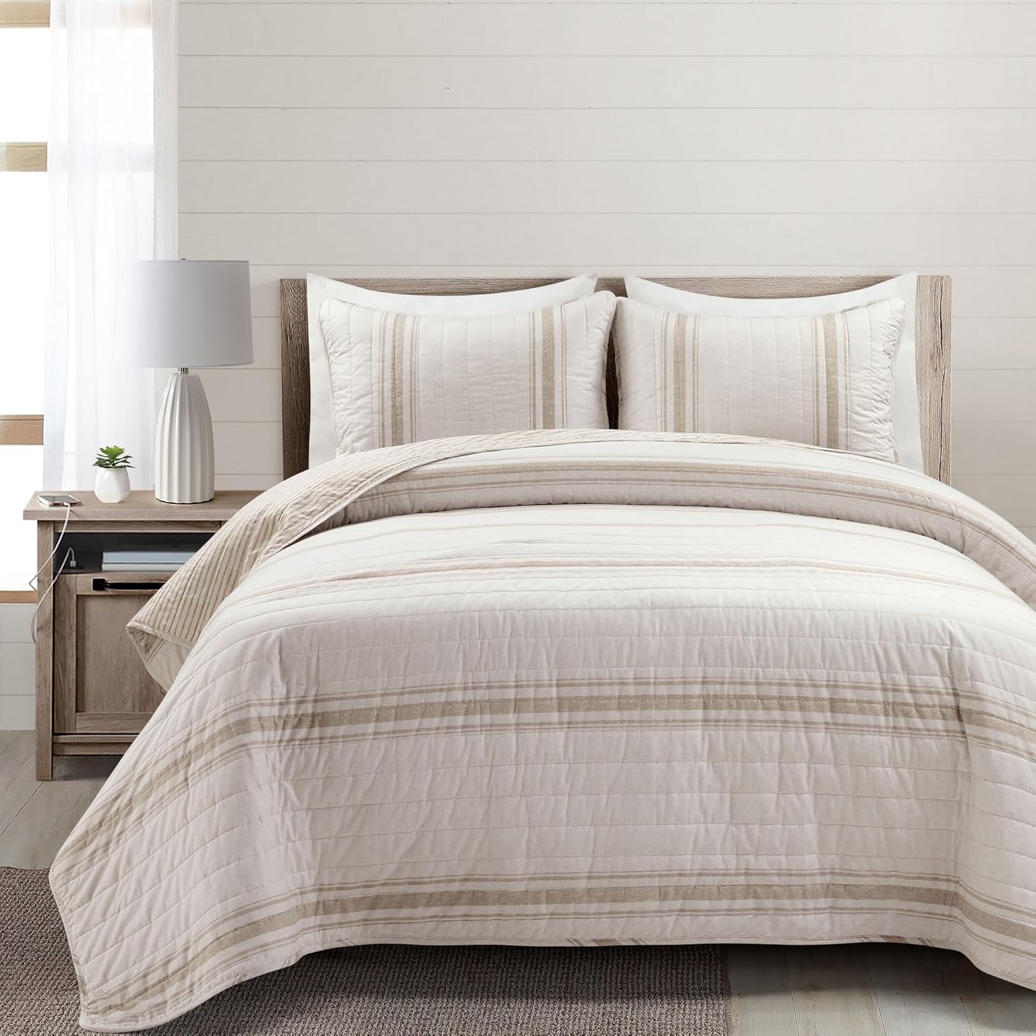Lush Decor Farmhouse Stripe Reversible Cotton Quilt Queen Size 3 Piece Set Full/Queen Neutral - Farmhouse Bedding Set Queen Quilt - Striped Bedding