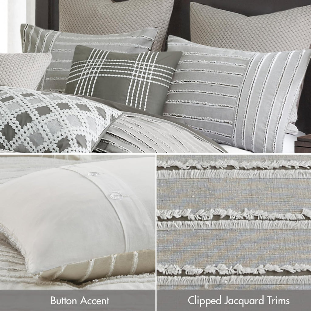 Madison Park King Comforter Set, Removable 100% Cotton Duvet Cover King Size with Insert, Farmhouse Bedding, Textured Stripe Clipped Jacquard Accent, King, Grey 9 Piece