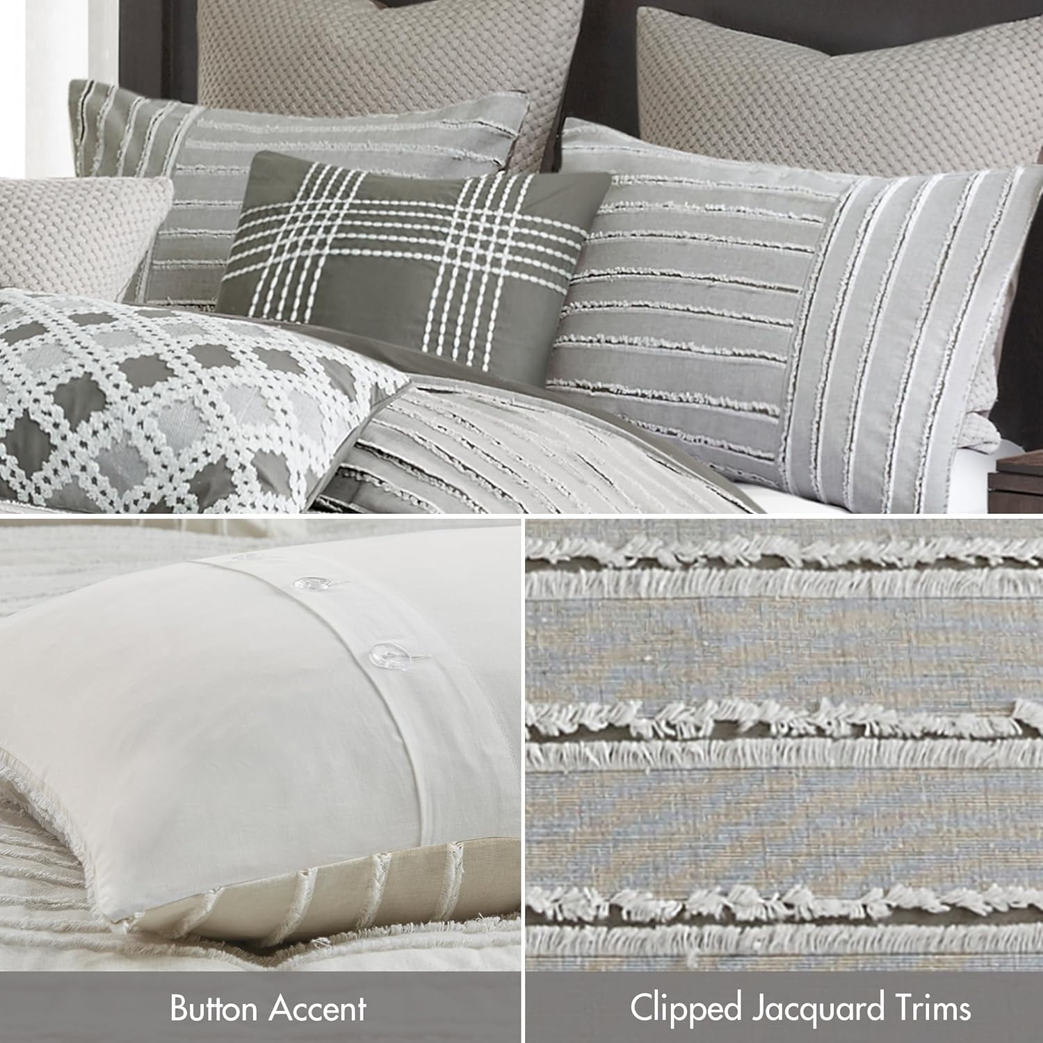 Madison Park King Comforter Set, Removable 100% Cotton Duvet Cover King Size with Insert, Farmhouse Bedding, Textured Stripe Clipped Jacquard Accent, King, Grey 9 Piece