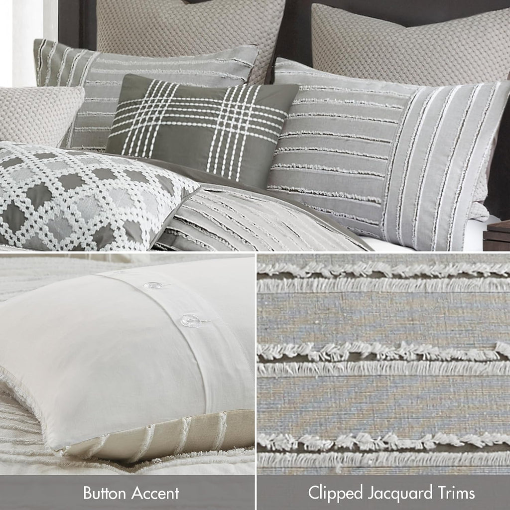 Madison Park Queen Comforter Set, Removable 100% Cotton Duvet Cover Queen Size with Insert, Farmhouse Bedding, Textured Stripe Clipped Jacquard Accent, Queen, Grey 8 Piece