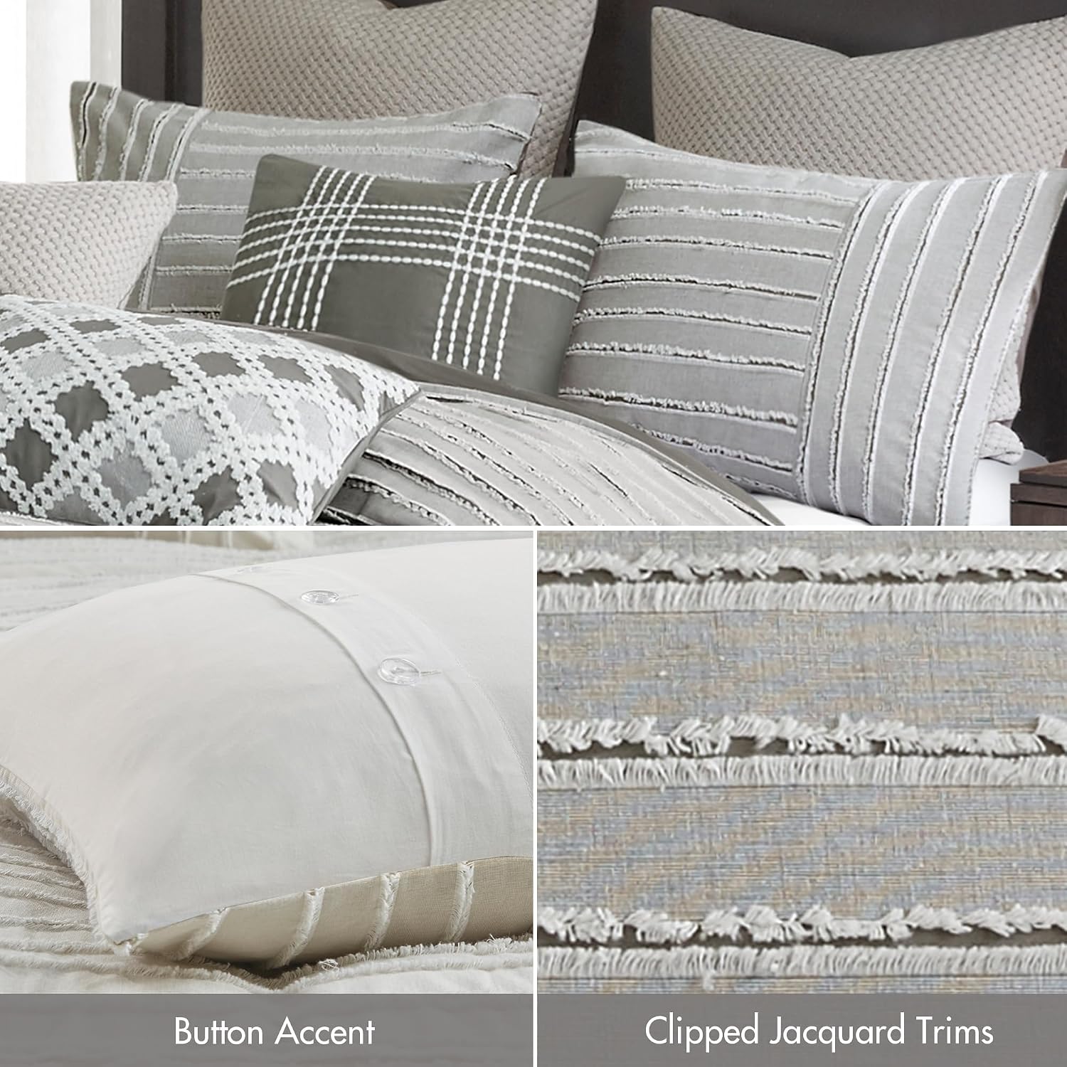 Madison Park Queen Comforter Set, Removable 100% Cotton Duvet Cover Queen Size with Insert, Farmhouse Bedding, Textured Stripe Clipped Jacquard Accent, Queen, Grey 8 Piece