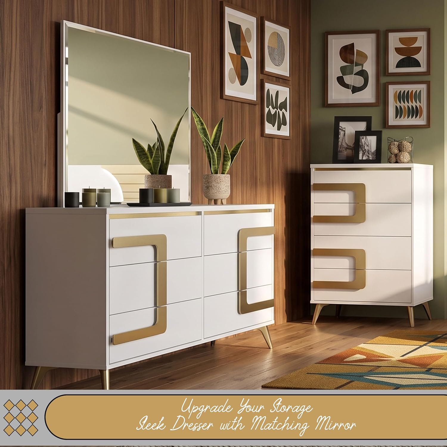 Kings Brand Furniture Claire 6-Piece Queen Size Bedroom Set - Bed with LED Headboard, Dresser, Mirror, Chest and 2 Nightstands, White/Gold