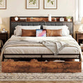 LIKIMIO King Size Bed Frame, Storage Headboard with Charging Station, Platform Bed with Drawers, No Box Spring Needed, Easy Assembly, Industrial Brown and Gray
