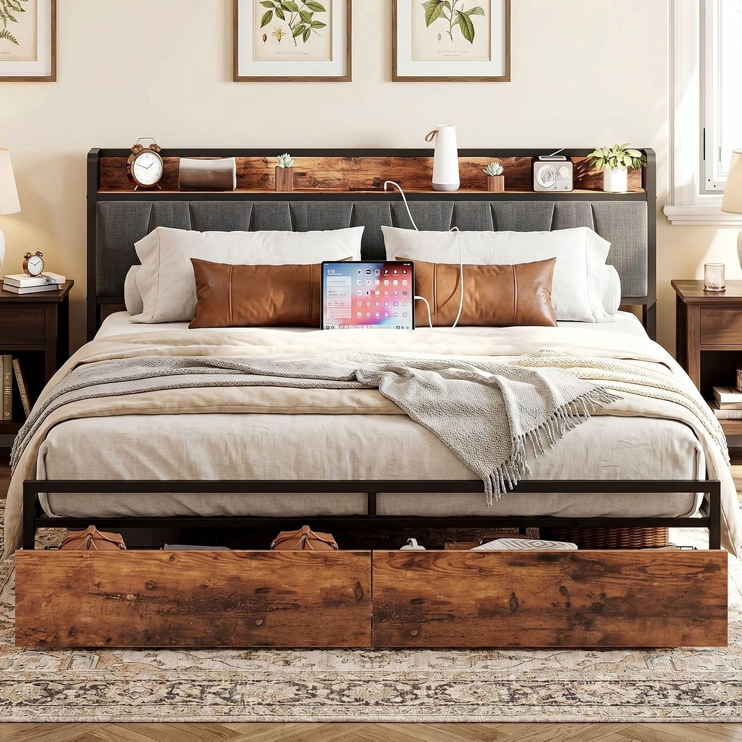 LIKIMIO King Size Bed Frame, Storage Headboard with Charging Station, Platform Bed with Drawers, No Box Spring Needed, Easy Assembly, Industrial Brown and Gray