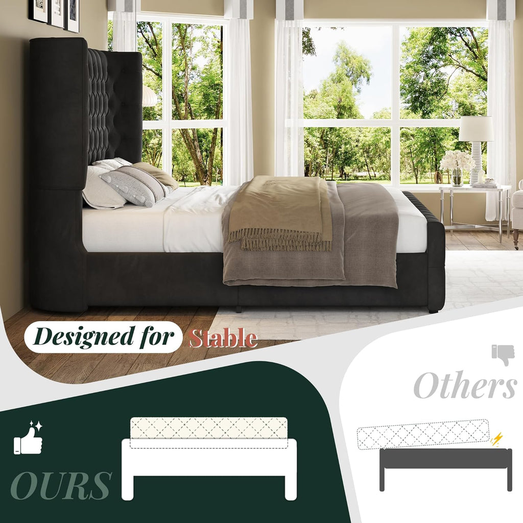 Jocisland King Size Platform Bed Frame, 6.3' Thick Upholstered Curved Wingback Headboard and Footboard with Deep Button Tufted, Easy Assembly, No Box Spring Needed, Black Velvet